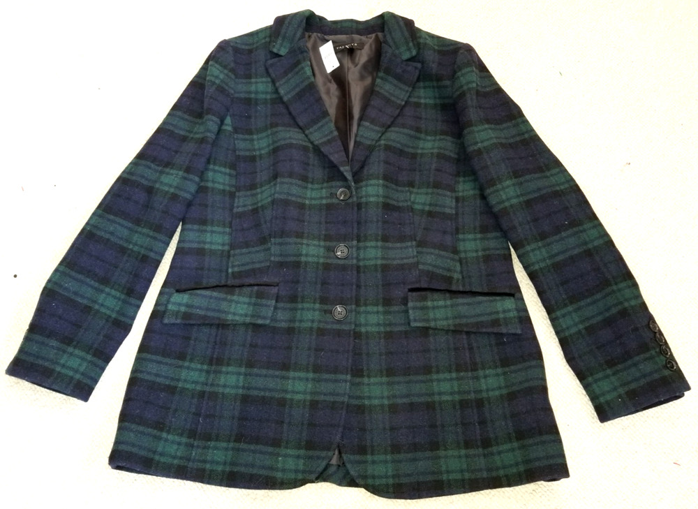 NWT Womens Jacket-TALBOTS-blue/green/blk 'Black Watch Plaid Long Blazer' wool-14